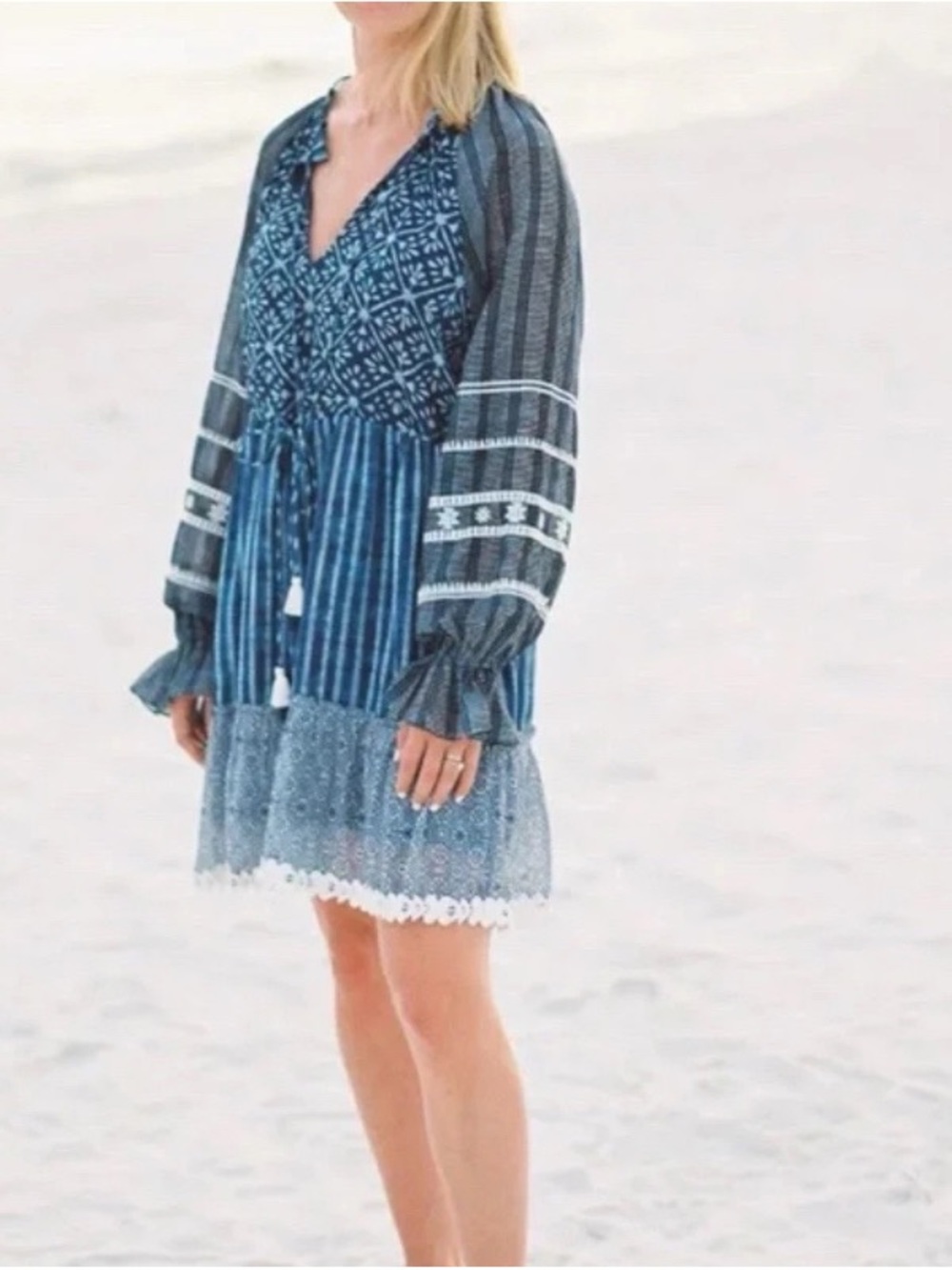 HEMANT & NANDITA Blue Printed Long-Sleeve V-Neck Dress
